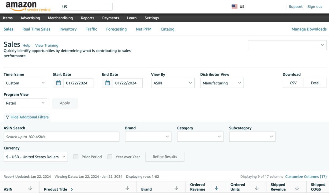 Amazon Vendor Central Dashboard