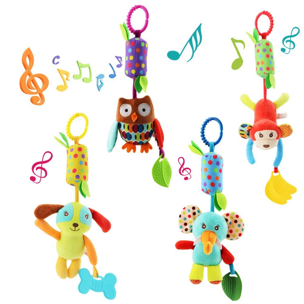 4 PCS Baby Soft Hanging Rattle Crinkle Squeaky Toy - Baby Toys for 0 3 6 9 to 1 Animal Ring Plush Stroller Infant Car Bed Crib Travel Activity