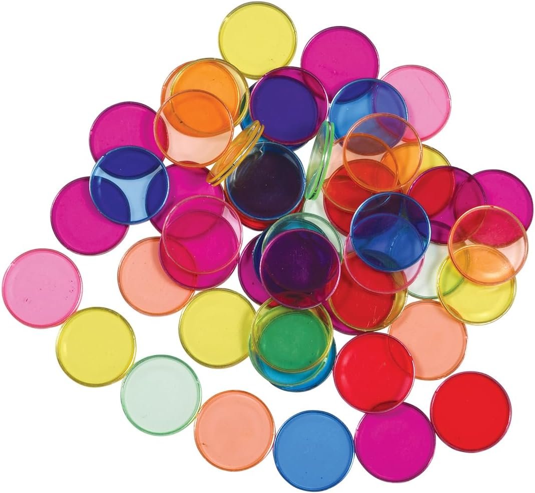 LEARNING ADVANTAGE Transparent Plastic Counters | Steel-Ringed | Set of 50 | Assorted Colors | Great for Kindergarten, Sensory Play and Light Panels