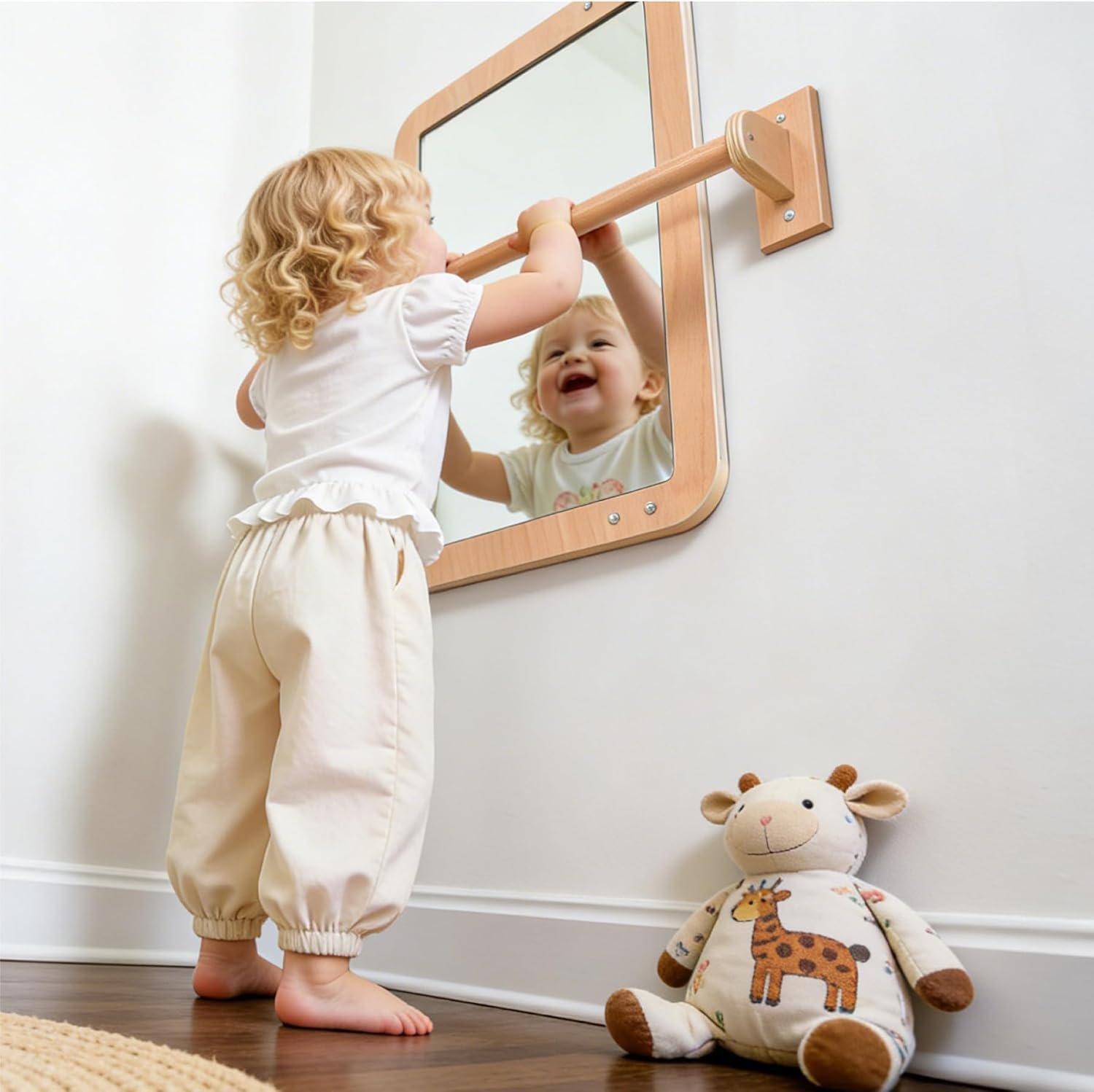 Montessori Baby 2-in-1 Shatterproof Safety Mirror with Pull-Up Bar - Infant Wall Mount & Floor Play for Tummy Time (6 Months+)