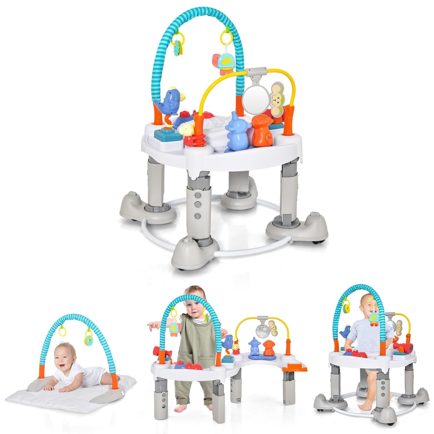INFANS Baby Bouncer Activity Center, 5 in 1 Toddler Bouncing Activity Saucer Playtime Mat Activity Table with 360 Rotating Seat, 3 Adjustable Height, Foldable Exersaucer Learning Walker (Light Grey)