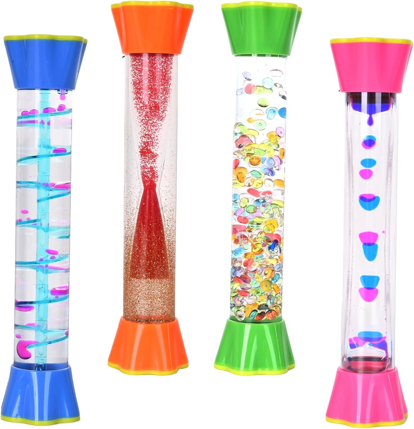 Liquid Motion Sensory Toys, 4 Pack Visual Timer Set with Glitter, Bubbles and Floating Effects for Stress Relief and Relaxation (4P-Flower Base Edition #1)