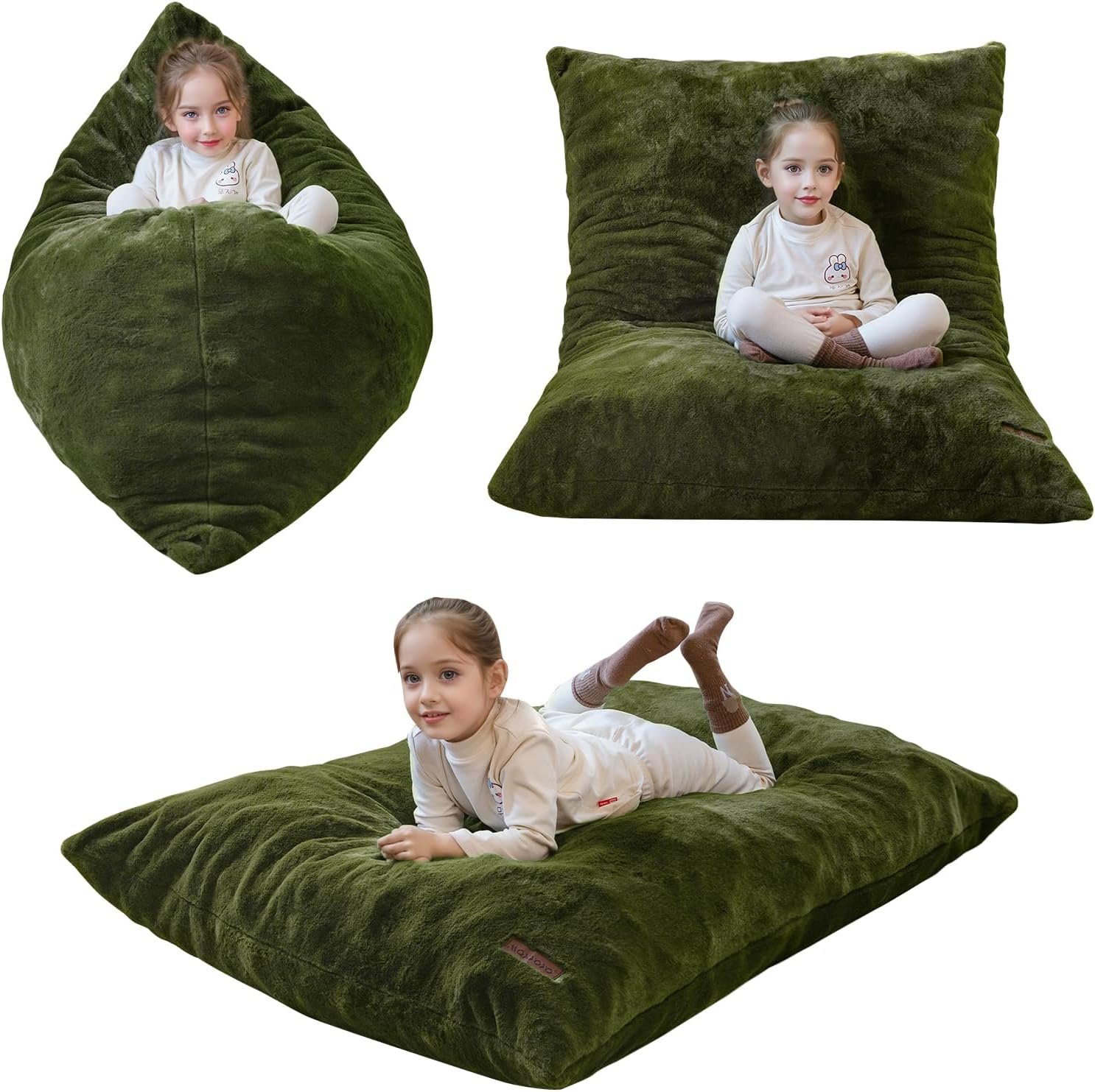 MAXYOYO 3 in 1 Kids Bean Bag Chair, Child Floor Sofa for Gaming, Reading, Faux Fur Floor Couch with High-Density Foam Filling for Living Room Bedroom