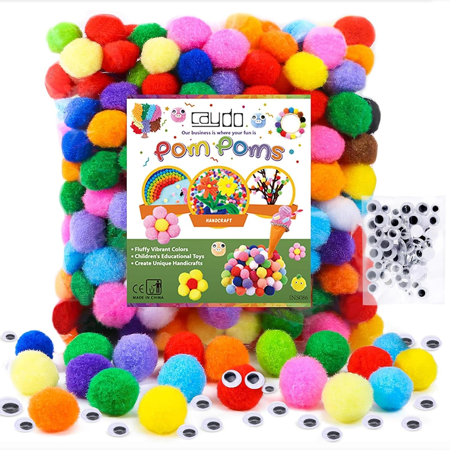 Caydo [400 pcs] - 300 Pieces 1 Inch Assorted Pom Poms with 100 Pieces Wiggle Eyes, Multicolor Pompom Balls for Home Decorations and Kids DIY Art Creative Crafts