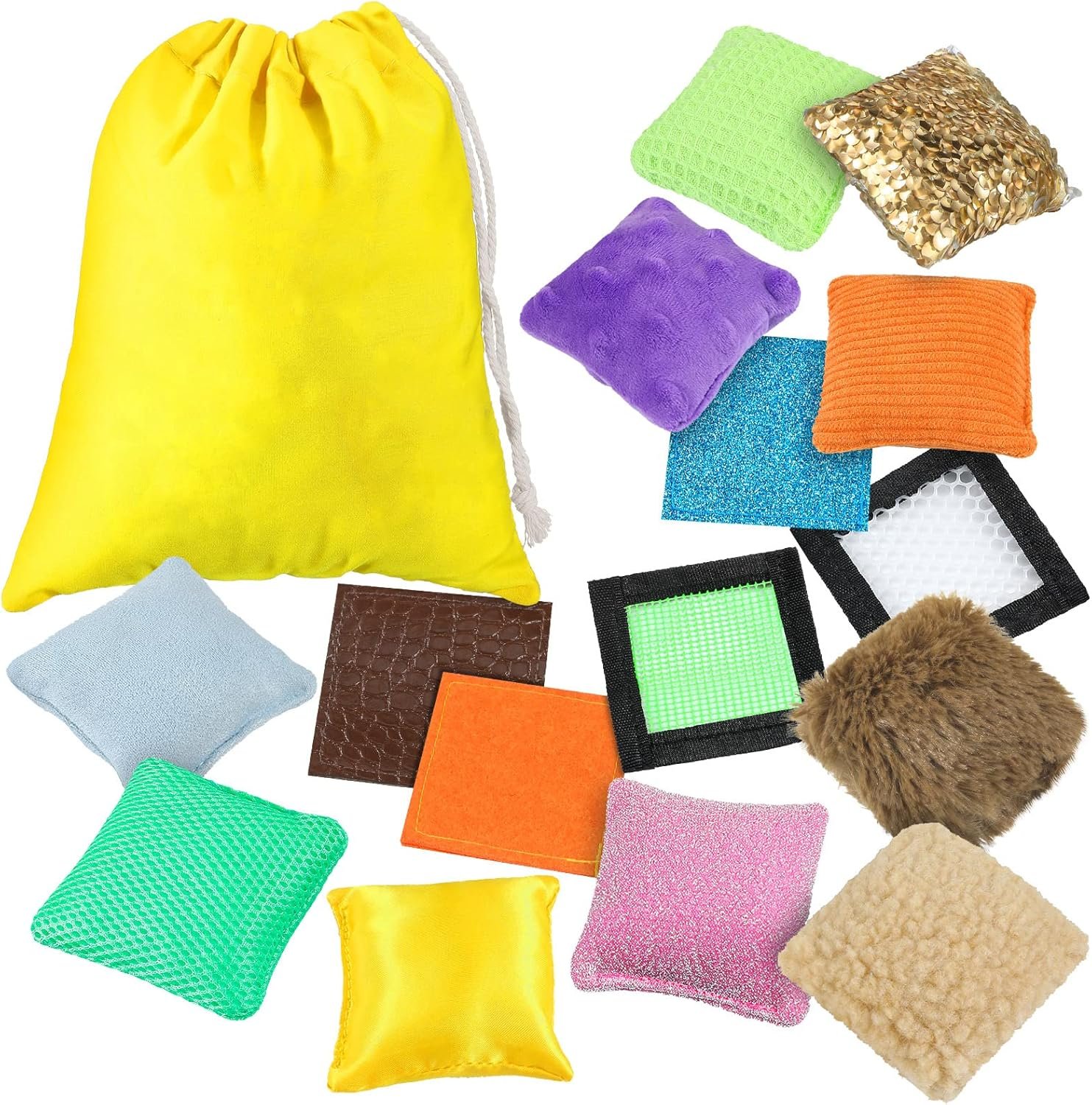 15 Pcs Sensory Bean Bags Shape Texture Color & Feel Sorting Sensory Items with Drawstring Bag for Autistic People Need Supply for ADHD Adults Women Men(Square)