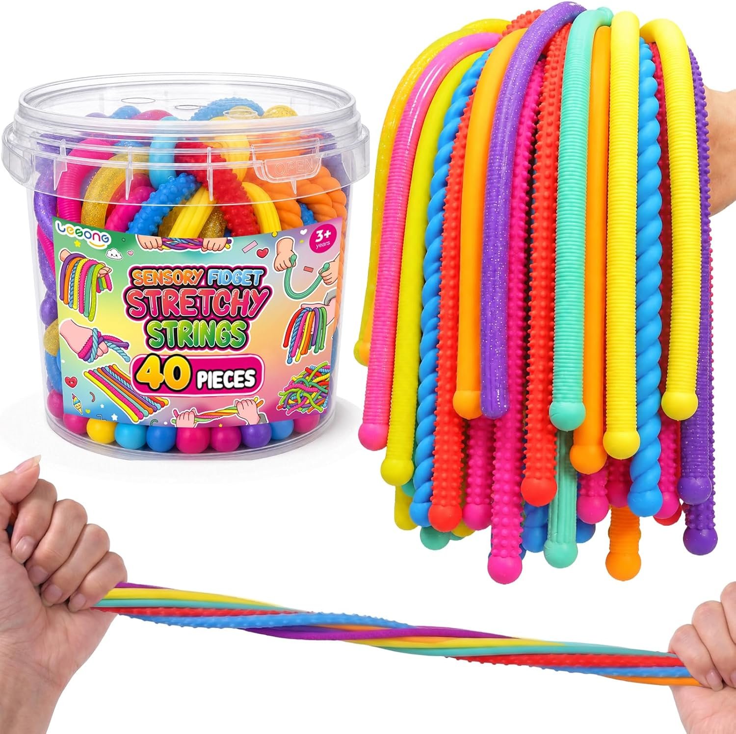 Fidget Sensory Toys for Kids, 40 Pack Textured Sensory Stretchy Noodles, Calm Down Stress Toys for Autism ADHD, Quiet Fidgets for Classroom Prizes, Party Favor Gifts, Travel Toys, Adults Desk Fidgets