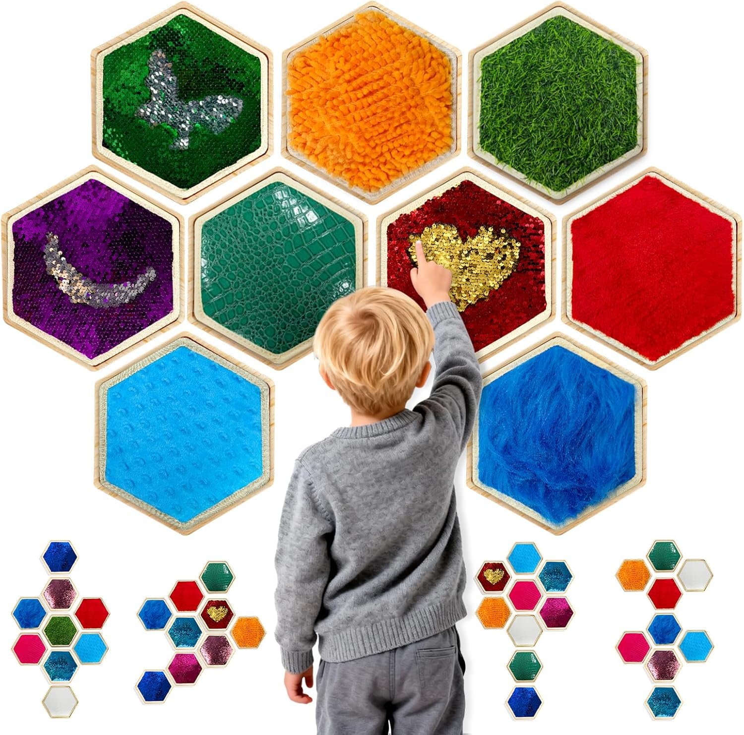 LILXIU 16 PCS Sensory Wall Panel with 9 Wooden Frame Replaceable Flip Sequin Board Textured Sensory Mats for Wall and Floor Early Learning Fidgeting Activity