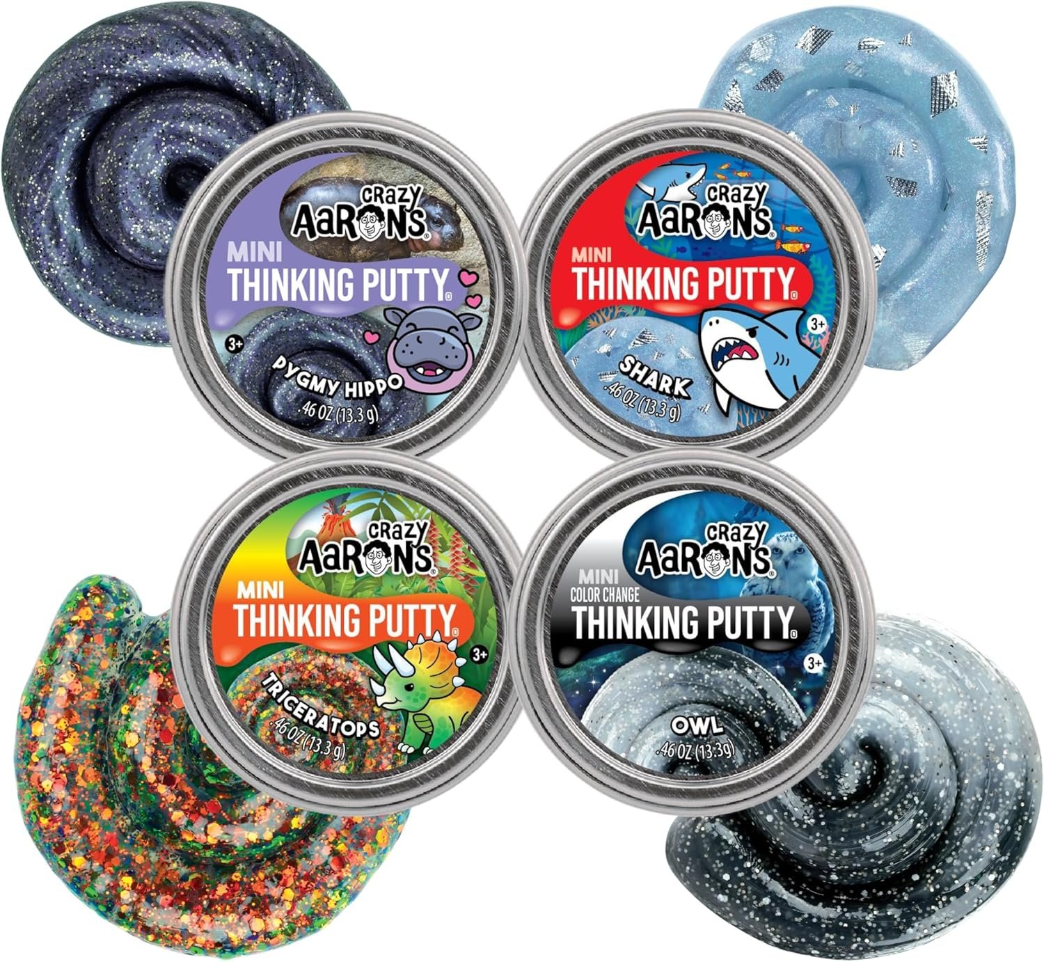 Crazy Aaron s Mini Putty Tins Animal Collection Pygmy Hippo, Shark, Triceratops & Owl 4 Pack (.46 oz Each) Stretchy, Soft Sensory Fidget Toy Ages 3+